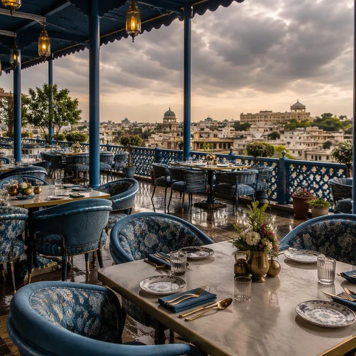 Rooftop tables with Jaipur skyline in monsoon evening light at Nouba Restaurant and Rooftop Lounge, C-Scheme Jaipur