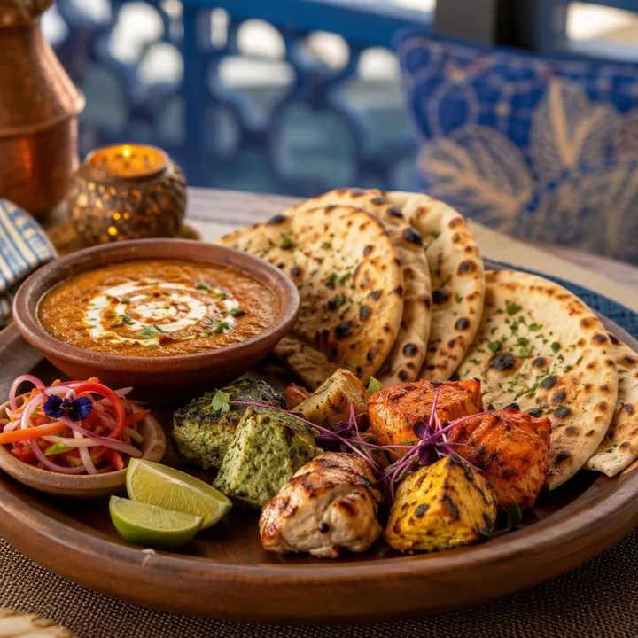 Family table with shared north Indian plates and tandoor items at Nouba Restaurant and Rooftop Lounge, C-Scheme Jaipur