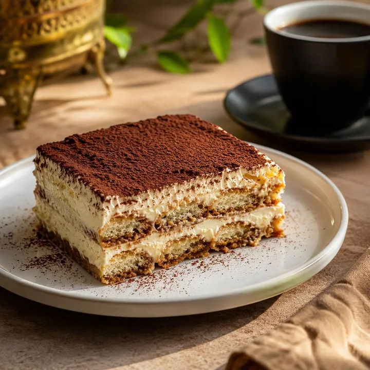 Classic tiramisu portion on plate with coffee cup at Nouba Restaurant and Rooftop Lounge, C-Scheme Jaipur