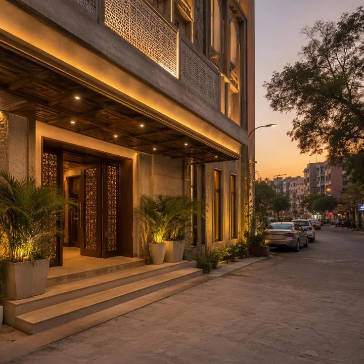View of street entrance and building facade with cars arriving at Nouba Restaurant and Rooftop Lounge, C-Scheme Jaipur