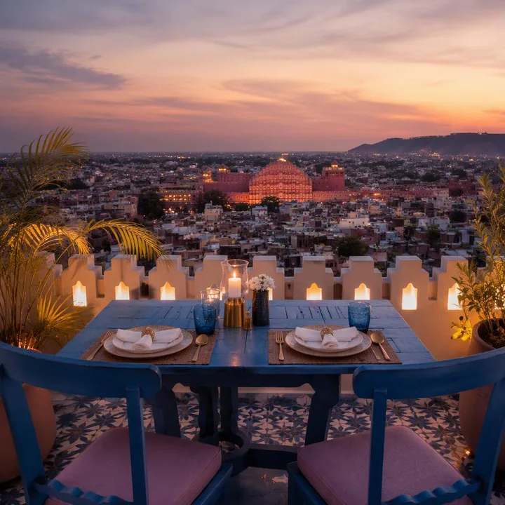 Electric blue rooftop tables for two with Jaipur skyline at Nouba Restaurant and Rooftop Lounge, C-Scheme Jaipur