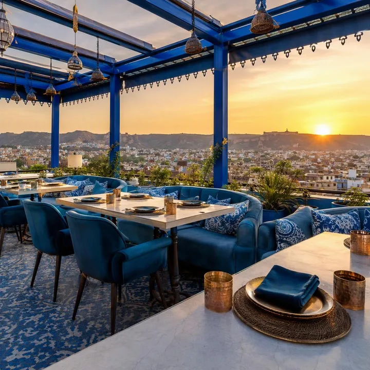 Rooftop tables with Jaipur skyline view at sunset at Nouba Restaurant and Rooftop Lounge, C-Scheme Jaipur