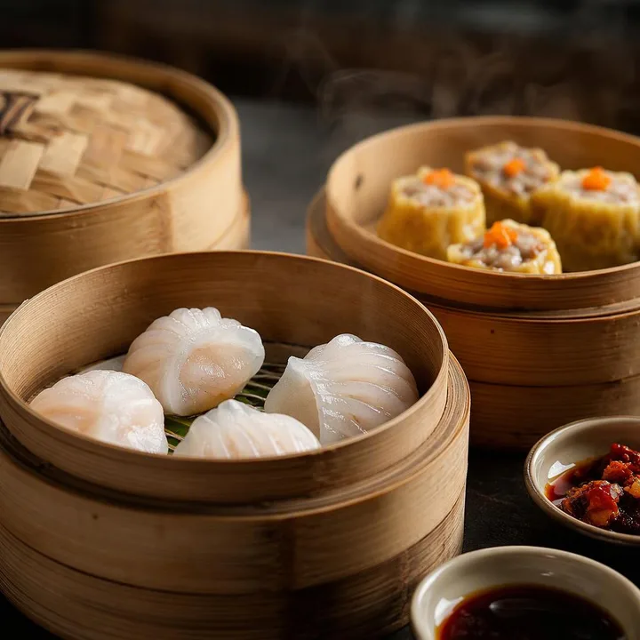 Steamer baskets of dim sum on a sharing platter at Nouba Restaurant and Rooftop Lounge, C-Scheme Jaipur