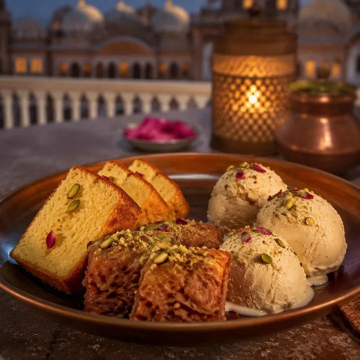 Signature dessert plate with multiple pieces on a table at Nouba Restaurant and Rooftop Lounge, C-Scheme Jaipur