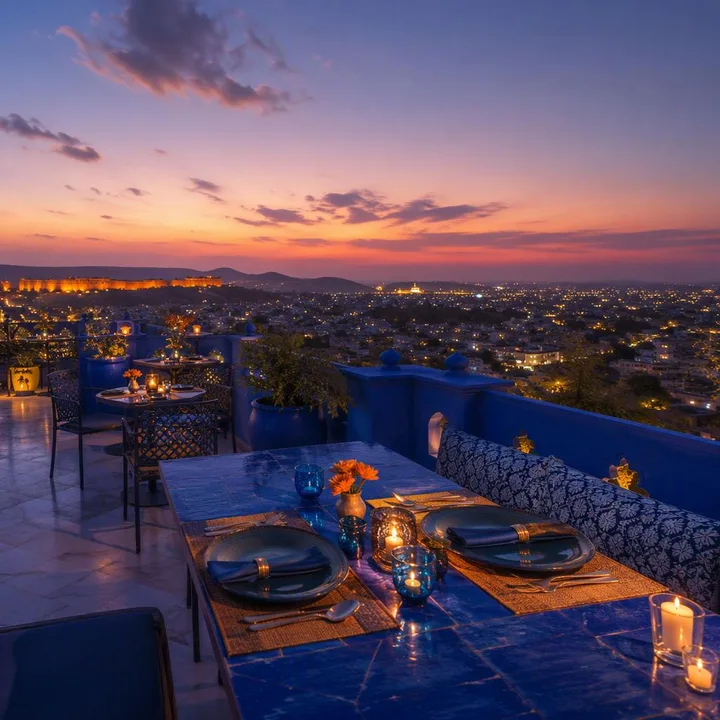 Electric blue rooftop tables for two with 180-degree Jaipur skyline at dusk at Nouba Restaurant and Rooftop Lounge, C-Scheme Jaipur