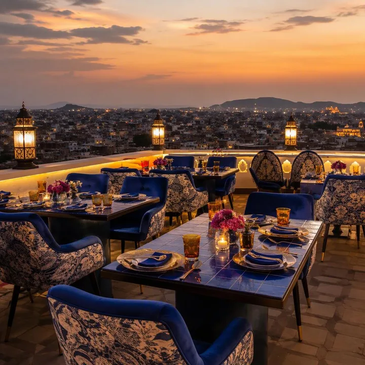 Rooftop tables with Jaipur skyline at dusk at Nouba Restaurant and Rooftop Lounge, C-Scheme Jaipur