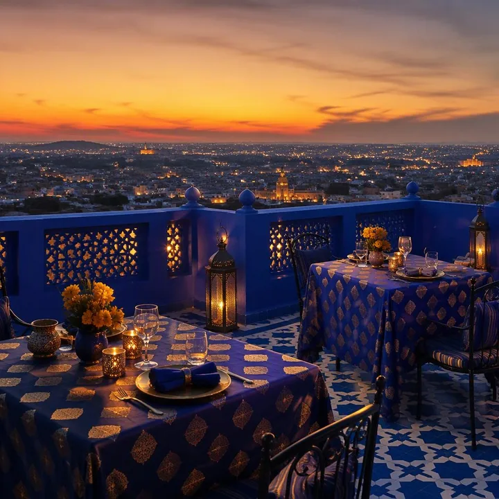 Electric blue rooftop tables for two with skyline view at dusk at Nouba Restaurant and Rooftop Lounge C-Scheme Jaipur