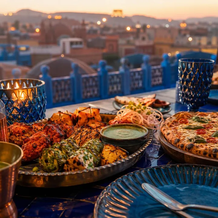 Family table with shared north Indian and tandoor platters on the 4th floor rooftop at Nouba Restaurant and Rooftop Lounge, C-Scheme Jaipur