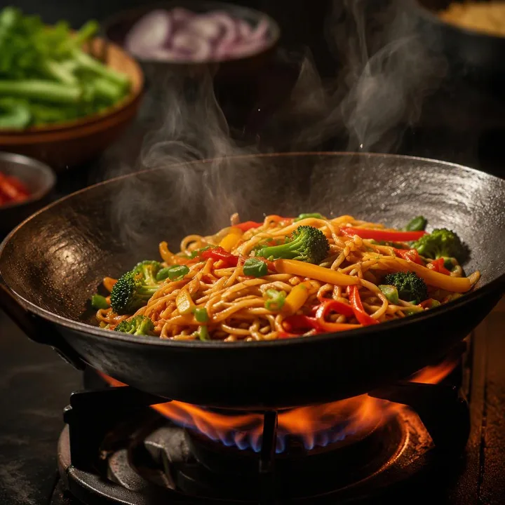 Wok flames with vegetables and noodles in pan at Nouba Restaurant and Rooftop Lounge, C-Scheme Jaipur