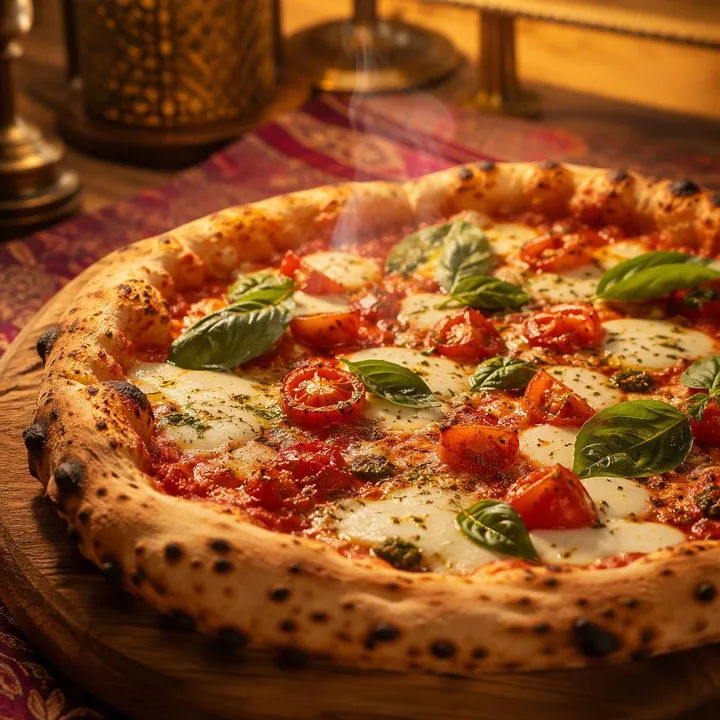Table set with wood-fired pizza on the 3rd floor indoor dining area at Nouba Restaurant and Rooftop Lounge, C-Scheme Jaipur