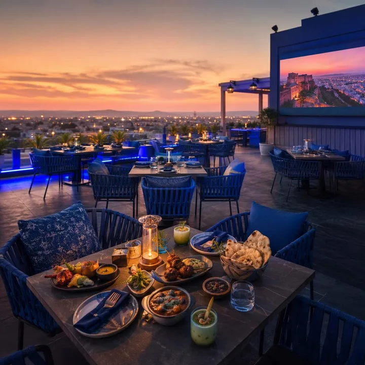 Rooftop tables with AV screen setup and Jaipur skyline view at Nouba Restaurant and Rooftop Lounge, C-Scheme Jaipur