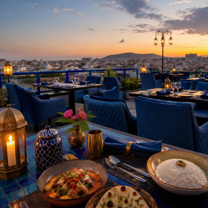 View of electric blue rooftop tables with 180-degree Jaipur skyline at Nouba Restaurant and Rooftop Lounge, C-Scheme Jaipur