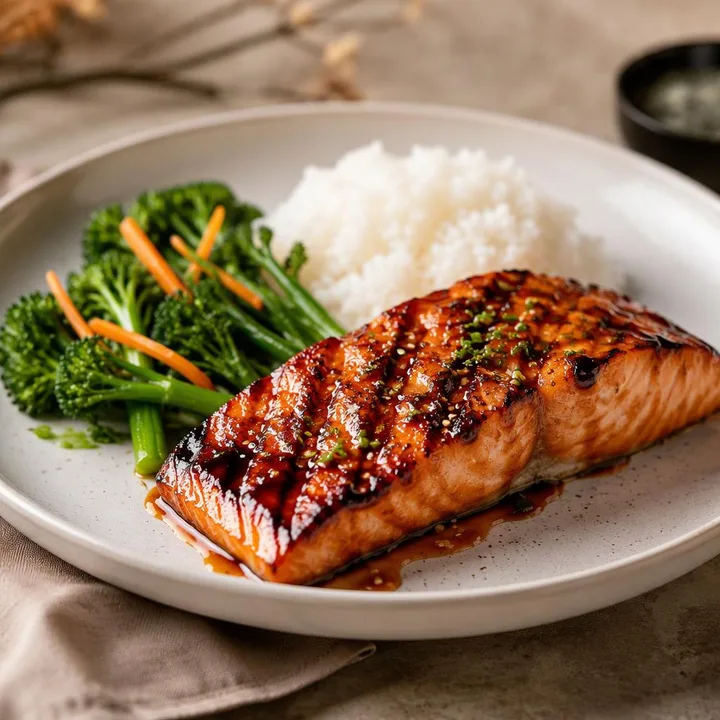 Teriyaki glazed grilled salmon on plate with wok vegetables at Nouba Restaurant and Rooftop Lounge, C-Scheme Jaipur