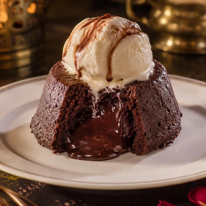 Close-up of chocolate lava cake with molten center and vanilla ice cream at Nouba Restaurant and Rooftop Lounge, C-Scheme Jaipur