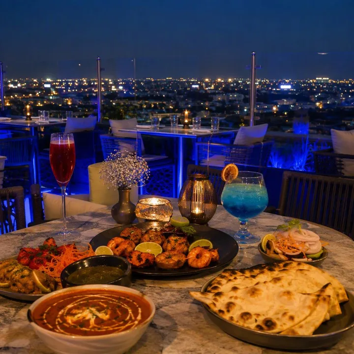 Rooftop tables with Jaipur skyline view at night at Nouba Restaurant and Rooftop Lounge, C-Scheme Jaipur