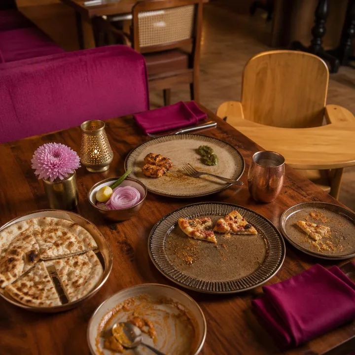 Family table setup with child seats on the 3rd floor indoor dining at Nouba Restaurant and Rooftop Lounge, C-Scheme Jaipur