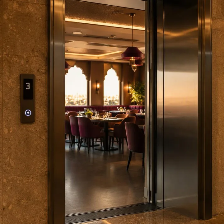 View of lift door and stairwell leading to 3rd and 4th floors at Nouba Restaurant and Rooftop Lounge, C-Scheme Jaipur