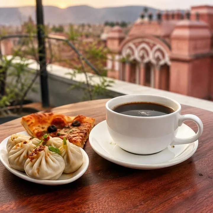 Coffee cup with small plates on table at Nouba Restaurant and Rooftop Lounge, C-Scheme Jaipur
