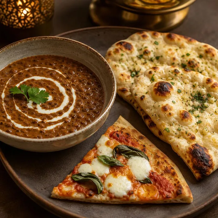 Table with mild dal makhani naan and margherita pizza at Nouba Restaurant and Rooftop Lounge, C-Scheme Jaipur