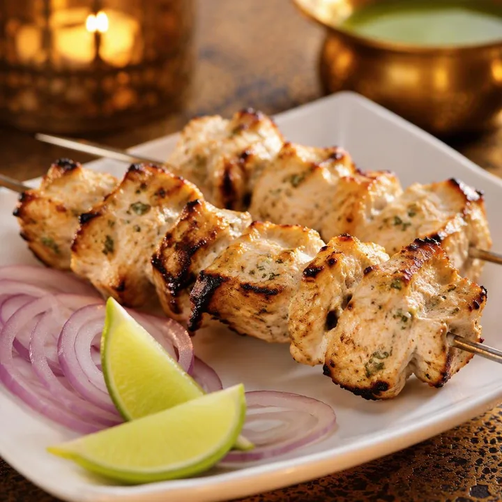 Malai chicken tikka skewers on a plate with north indian sides at Nouba Restaurant and Rooftop Lounge, C-Scheme Jaipur