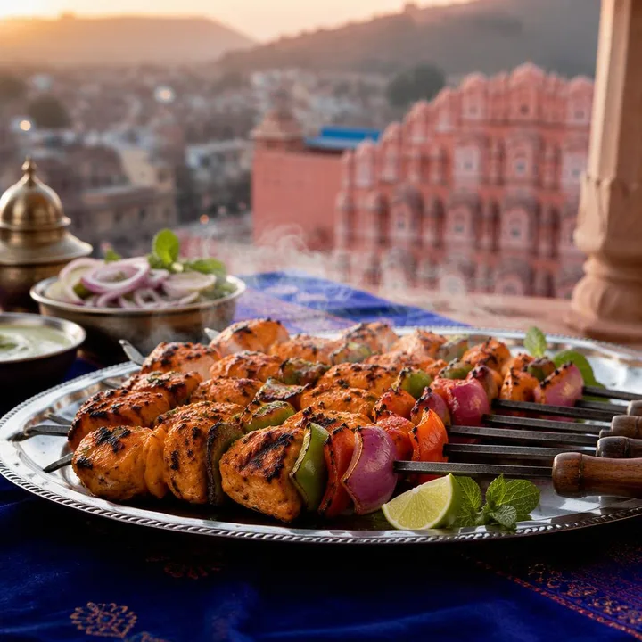 Tandoor grill platter with skewers on blue rooftop table at Nouba Restaurant and Rooftop Lounge, C-Scheme Jaipur