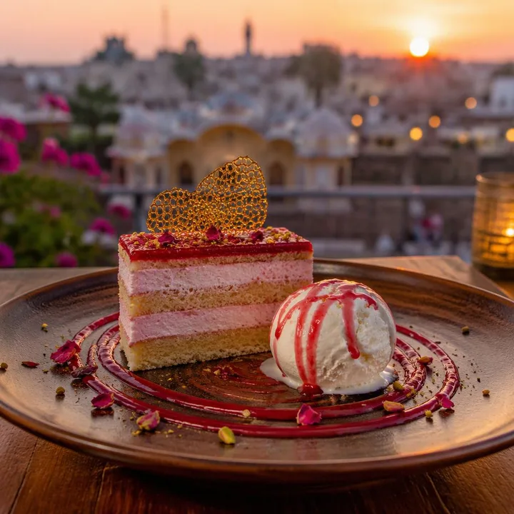 Signature dessert plate with cake and ice cream at Nouba Restaurant and Rooftop Lounge, C-Scheme Jaipur