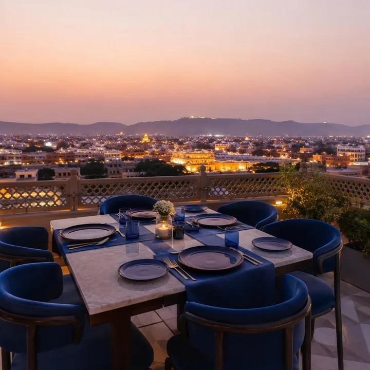 4th floor rooftop table with Jaipur skyline at dusk at Nouba Restaurant and Rooftop Lounge, C-Scheme Jaipur