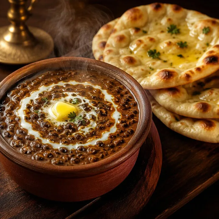 Steaming dal makhani bowl with fresh naan breads on a table at Nouba Restaurant and Rooftop Lounge, C-Scheme Jaipur