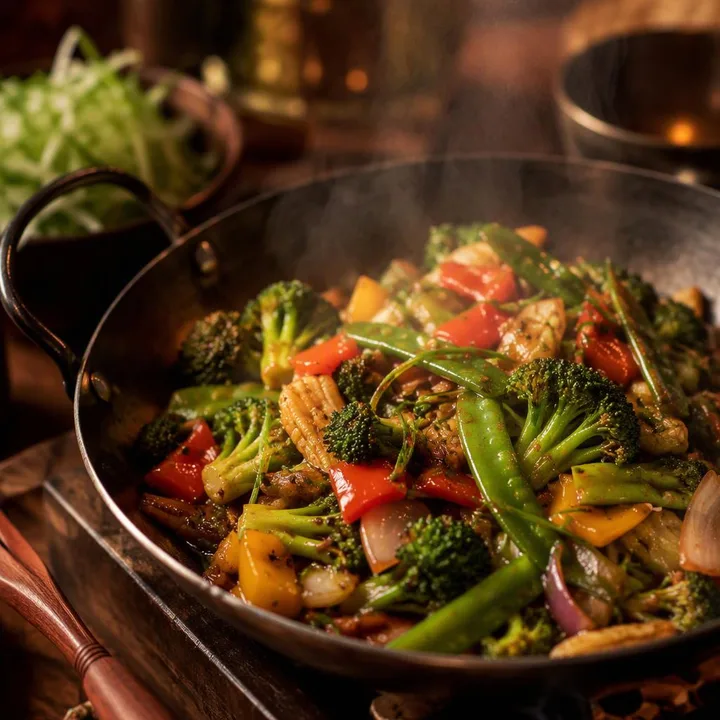 Steaming wok dish from Pan-Asian kitchen at Nouba Restaurant and Rooftop Lounge, C-Scheme Jaipur