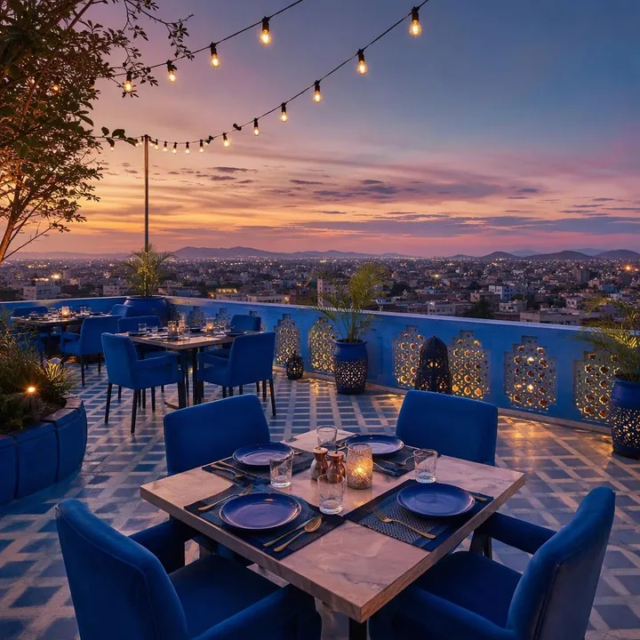 Rooftop tables with Jaipur skyline view at sunset at Nouba Restaurant and Rooftop Lounge, C-Scheme Jaipur
