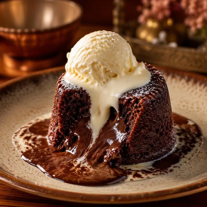 Chocolate lava cake with molten center on plate, at Nouba Restaurant and Rooftop Lounge, C-Scheme Jaipur
