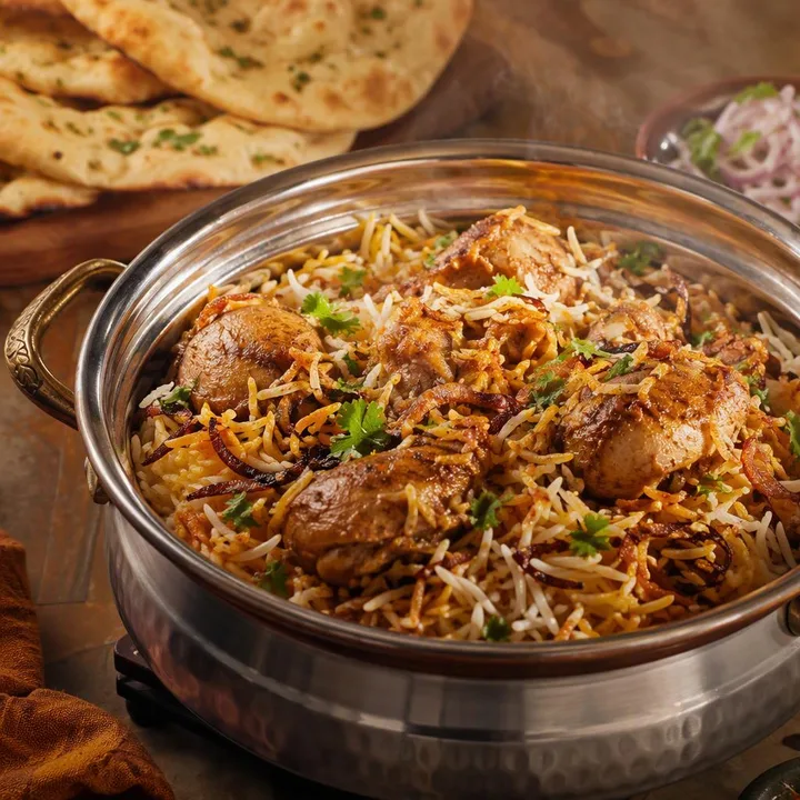 Steaming biryani pot with tandoor breads beside it at Nouba Restaurant and Rooftop Lounge, C-Scheme Jaipur
