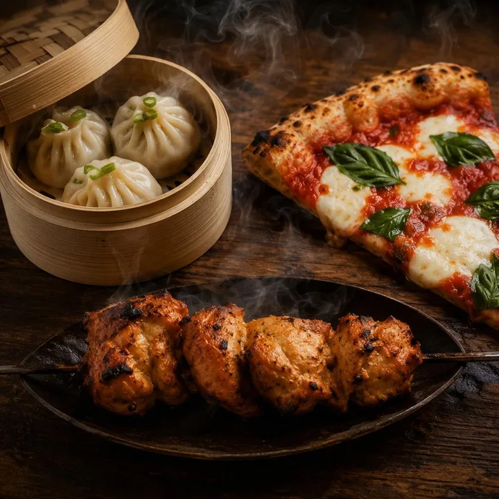 Steaming dim sum basket next to wood-fired pizza slice and tandoor skewer at Nouba Restaurant and Rooftop Lounge, C-Scheme Jaipur