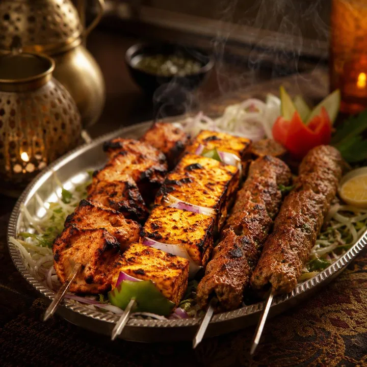 Tandoor kebab platter with skewers of chicken and veggies on a metal tray at Nouba Restaurant and Rooftop Lounge, C-Scheme Jaipur