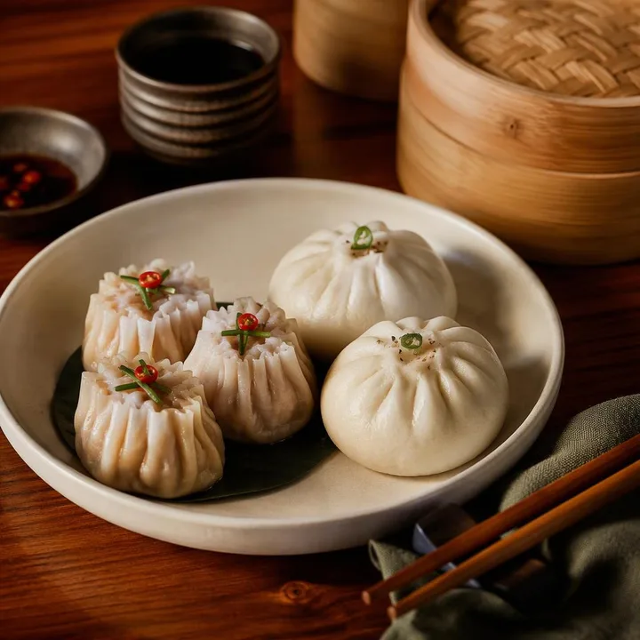 Dim sum and bao buns on plate with chopsticks at Nouba Restaurant and Rooftop Lounge, C-Scheme Jaipur