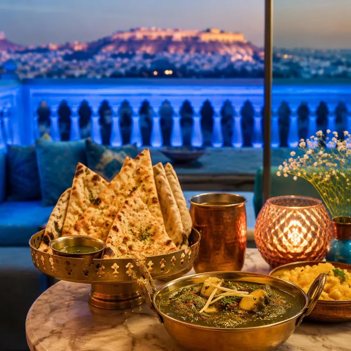 View of lift doors opening to 4th floor rooftop with Jaipur skyline at sunset at Nouba Restaurant and Rooftop Lounge, C-Scheme Jaipur