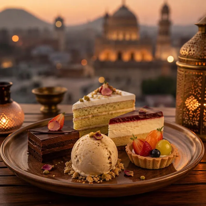 Signature dessert plate with small portions on a table at Nouba Restaurant and Rooftop Lounge, C-Scheme Jaipur
