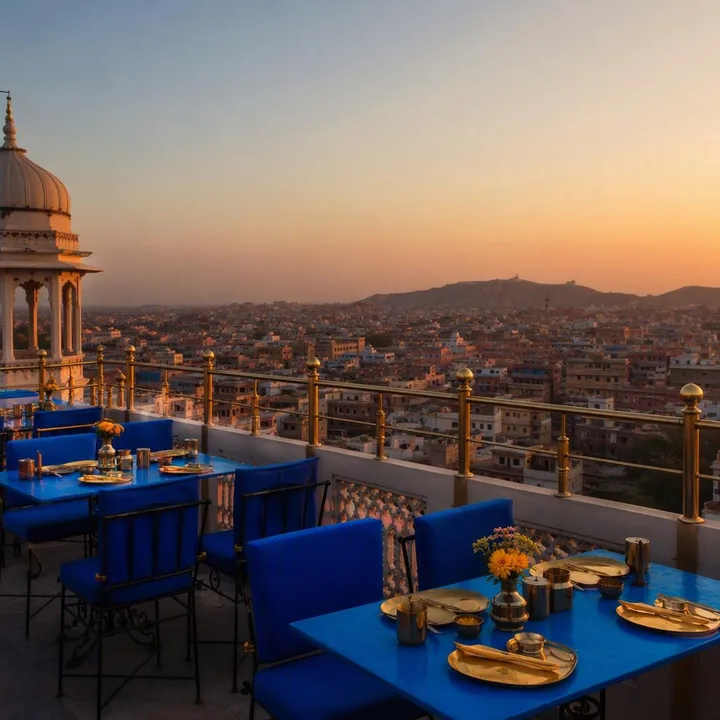 Electric blue rooftop tables with 180-degree Jaipur skyline at dusk at Nouba Restaurant and Rooftop Lounge, C-Scheme Jaipur