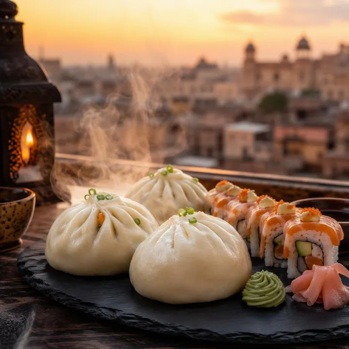 Pan-Asian dim sum platter on table with skyline view at Nouba Restaurant and Rooftop Lounge, C-Scheme Jaipur
