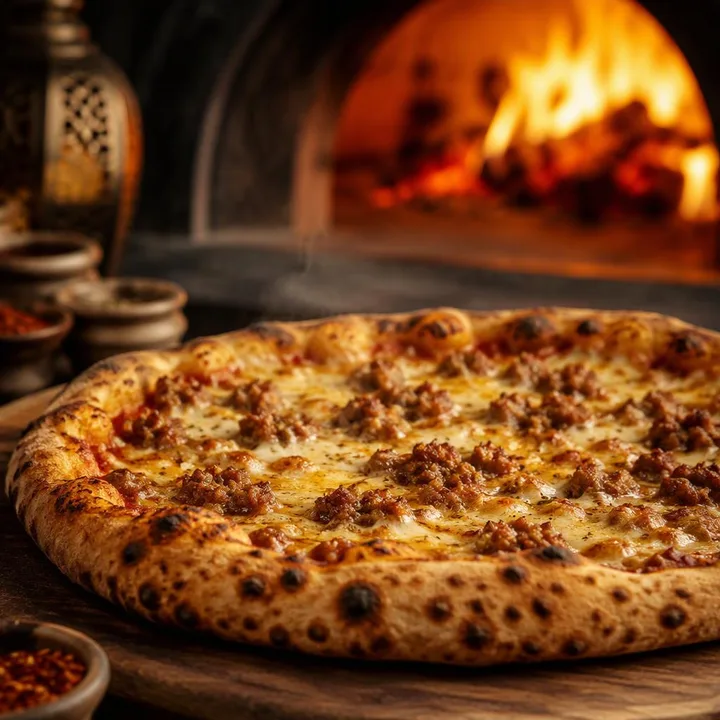 Minced meat pizza from wood-fired oven on table at Nouba Restaurant and Rooftop Lounge, C-Scheme Jaipur