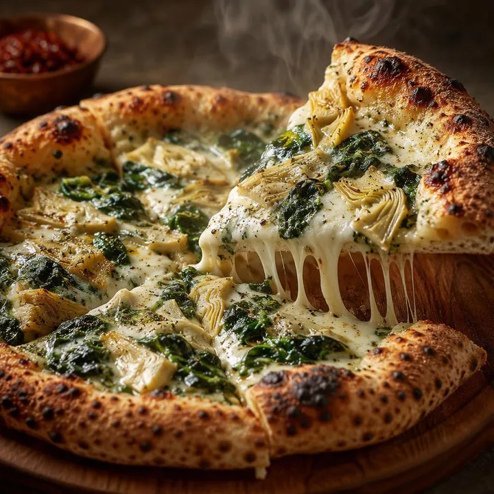 Spinach artichoke pizza from wood-fired oven with melted cheese and green toppings at Nouba Restaurant and Rooftop Lounge, C-Scheme Jaipur