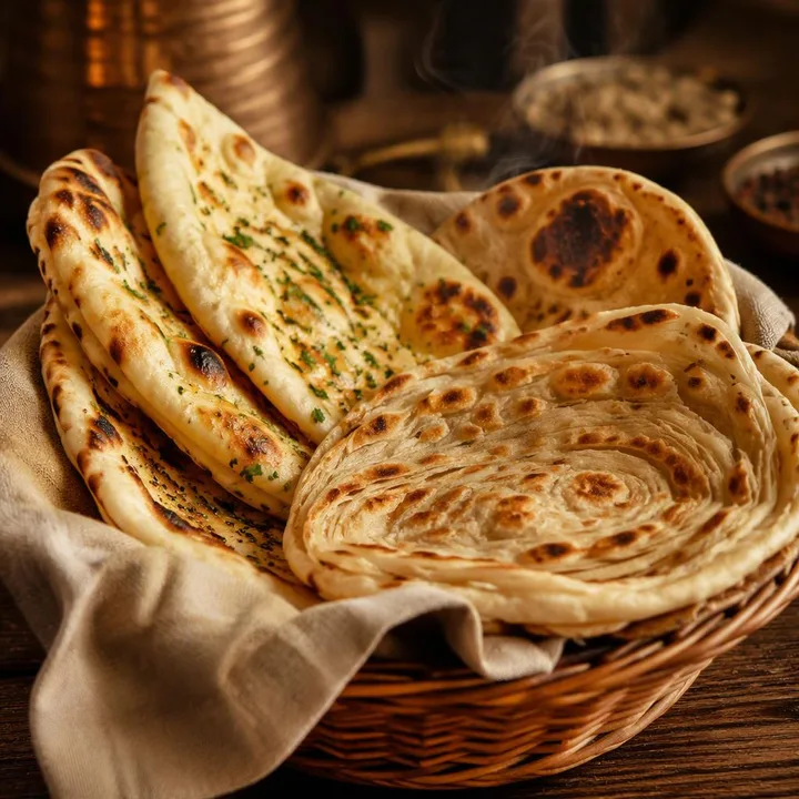 Tandoor bread basket with naan and assorted breads on a table at Nouba Restaurant and Rooftop Lounge, C-Scheme Jaipur