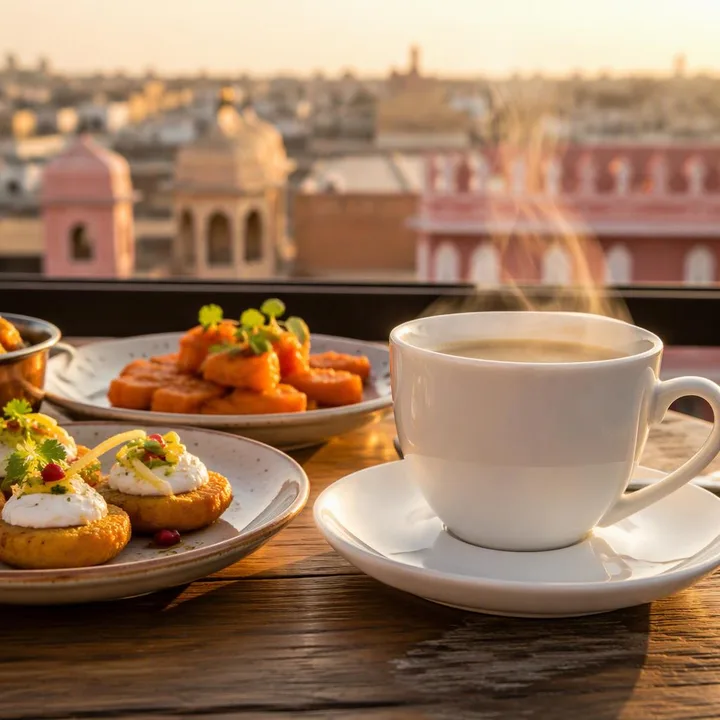 Cup of coffee with small plates on table at Nouba Restaurant and Rooftop Lounge, C-Scheme Jaipur
