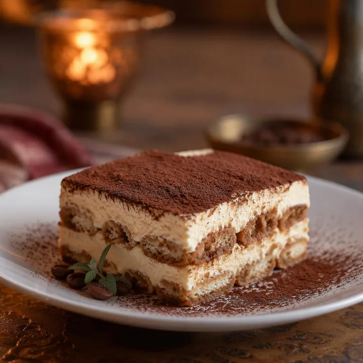 Plate of classic tiramisu with cocoa dusting at Nouba Restaurant and Rooftop Lounge, C-Scheme Jaipur