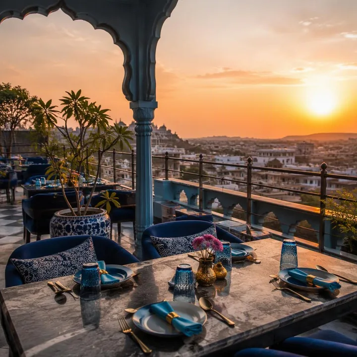 Rooftop tables with Jaipur skyline view at dusk at Nouba Restaurant and Rooftop Lounge, C-Scheme Jaipur