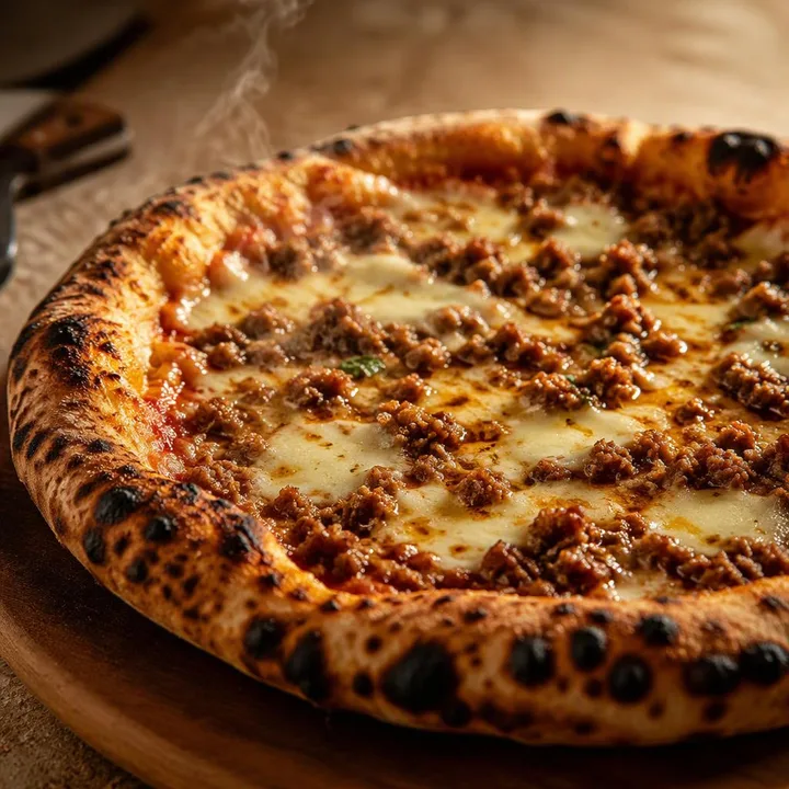 Minced meat pizza from wood-fired oven on table at Nouba Restaurant and Rooftop Lounge, C-Scheme Jaipur