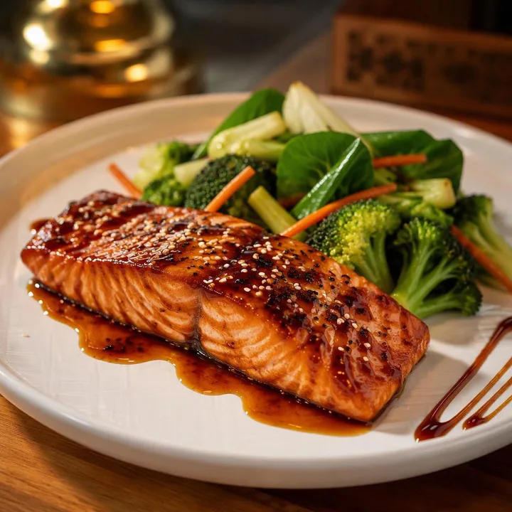 Teriyaki glazed grilled salmon fillet on plate with wok vegetables, at Nouba Restaurant and Rooftop Lounge, C-Scheme Jaipur