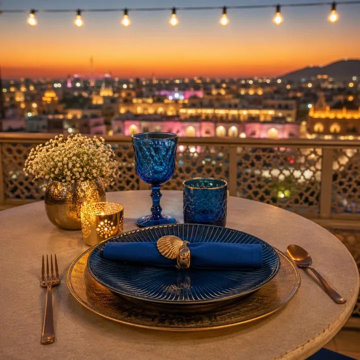 Rooftop table set for one with Jaipur skyline view at Nouba Restaurant and Rooftop Lounge, C-Scheme Jaipur