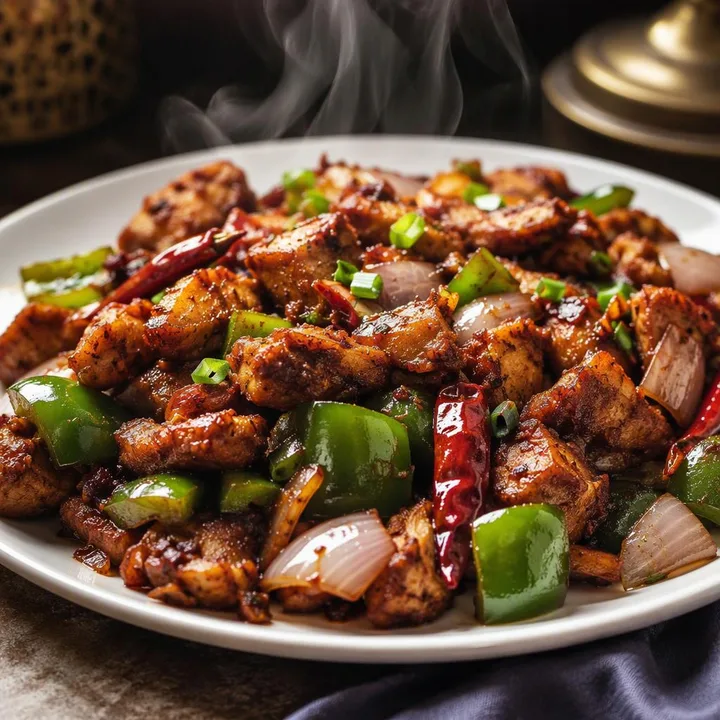 Plate of chilli chicken with bell peppers and onions at Nouba Restaurant and Rooftop Lounge, C-Scheme Jaipur