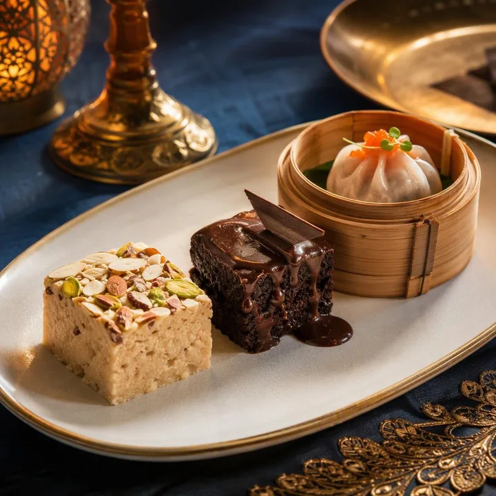 Close view of assorted signature desserts on a plate at Nouba Restaurant and Rooftop Lounge, C-Scheme Jaipur